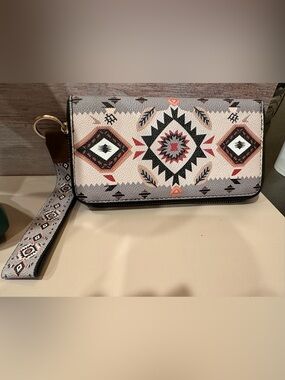 Aztec Pattern Wristlet Wallet in Ivory, Black & Coral